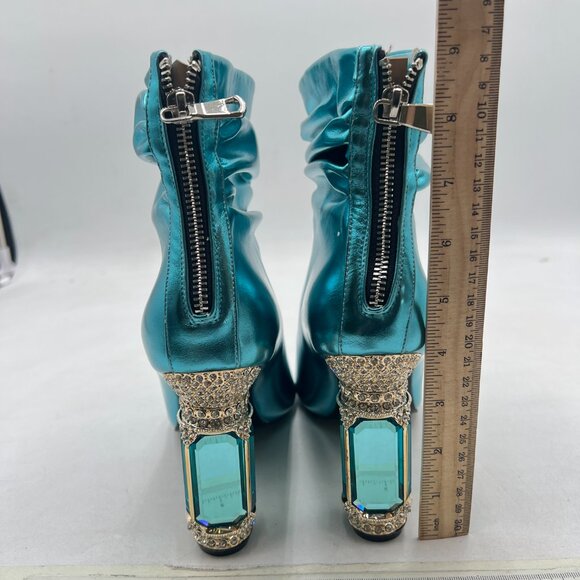 FSJ Turquoise Peep Toe Slouch Ankle Boots Chunky Stacked Heels Party Prom Shoes - Picture 5 of 8